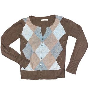 Old Navy Vintage Brown Argyle Cardigan w/ Metallic Details XS